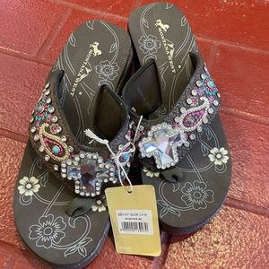 Montana West Wedge Flip Flops with bling cross and paisley’s Brand New